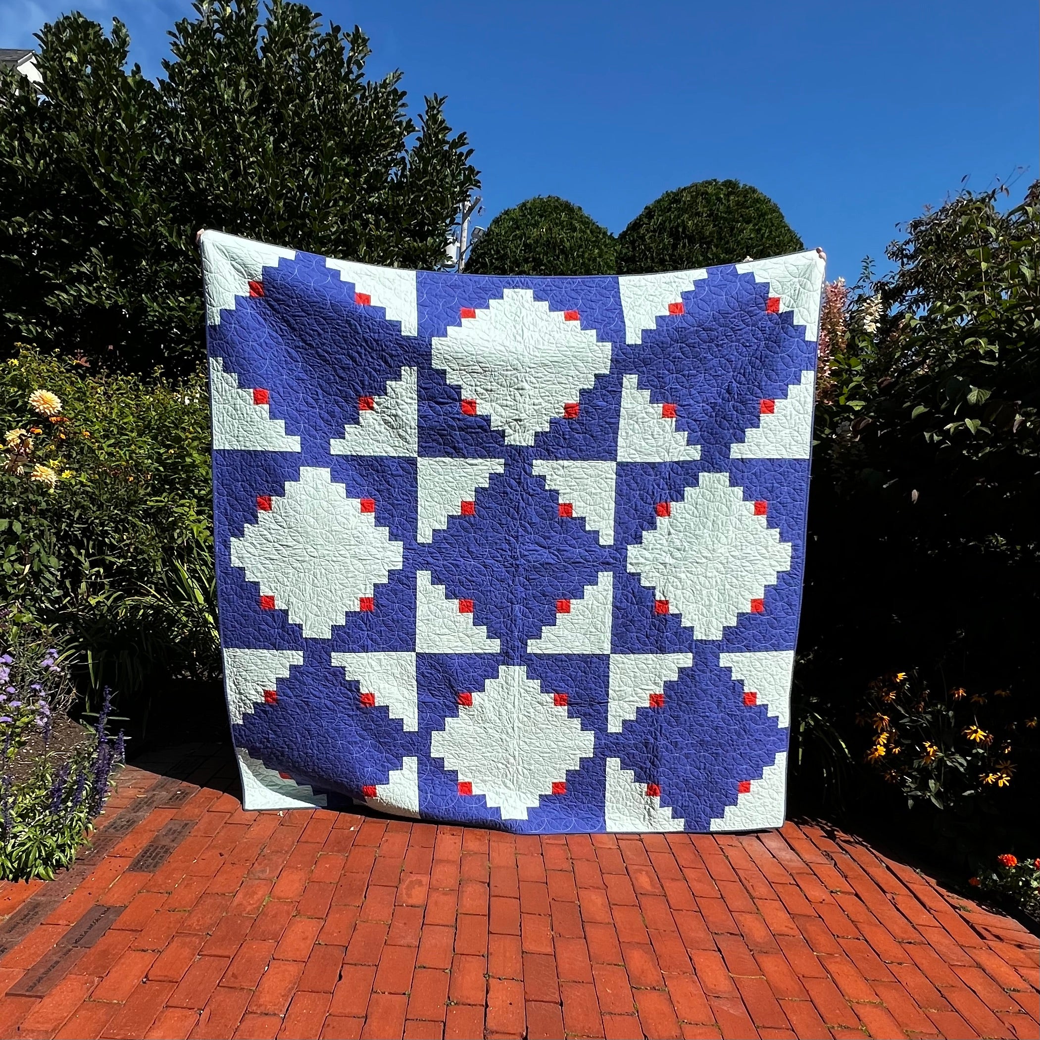 large log cabin pattern handmade quilt -  red, white & blue
